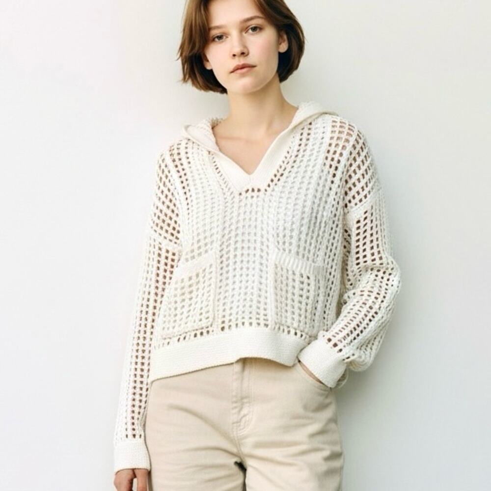 Lou & Grey Women Open Stitch Hoodie Pullover Sweater White Cropped Size Small